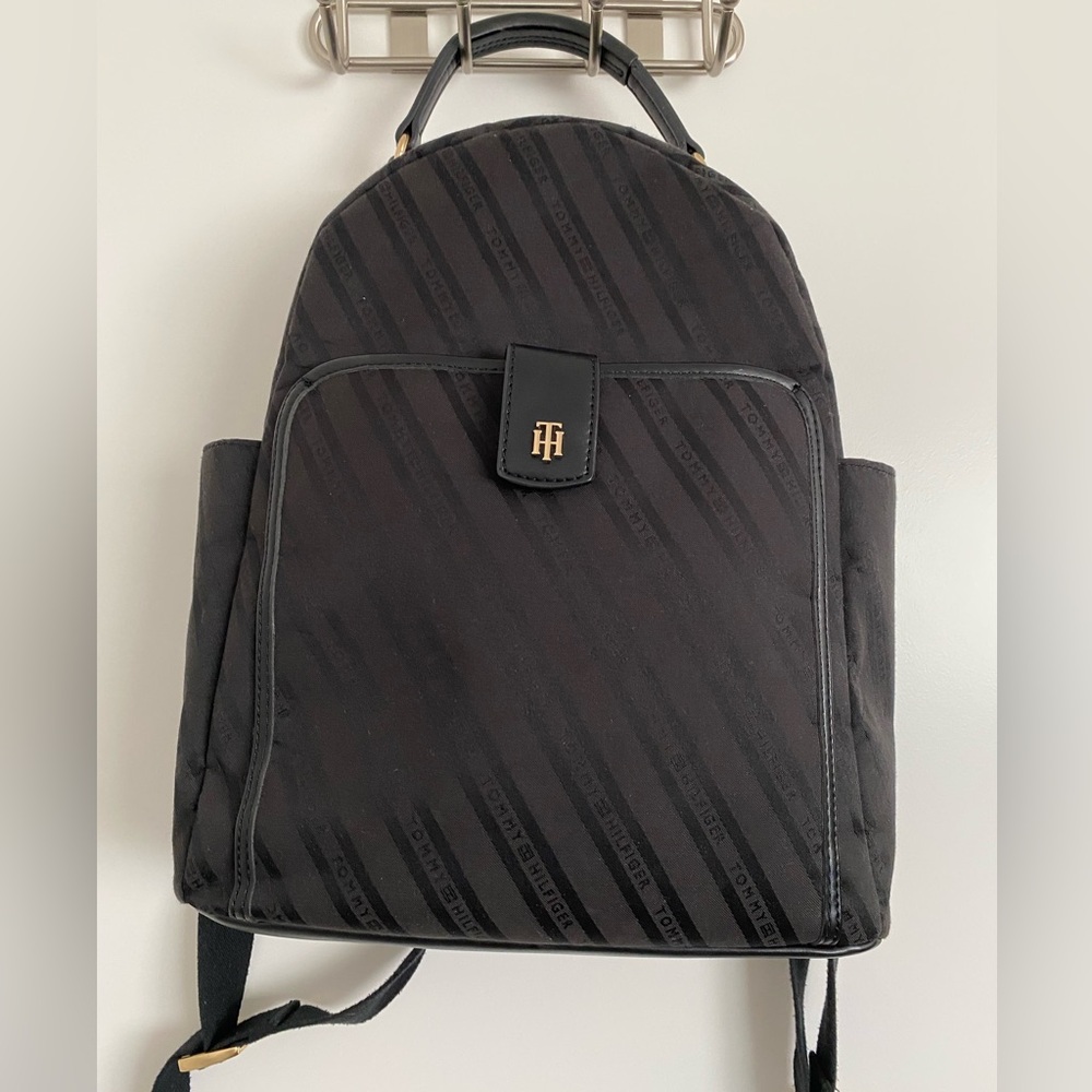 Tommy Hilfiger backpack, black textile, vegan leather, gold accents 15”x13”x4”